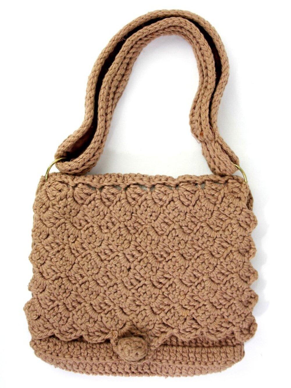 Vintage Handmade Crocheted Knit Envelope Handbag Shoulder Bag Purse Brown 1970s